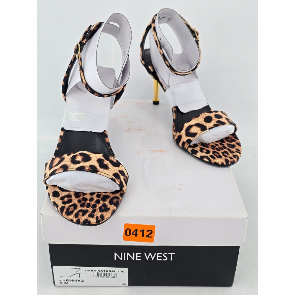 Nine West Anny2 Sandals Womens Size 5M Dark Natural Leopard Print Gold Heel -New